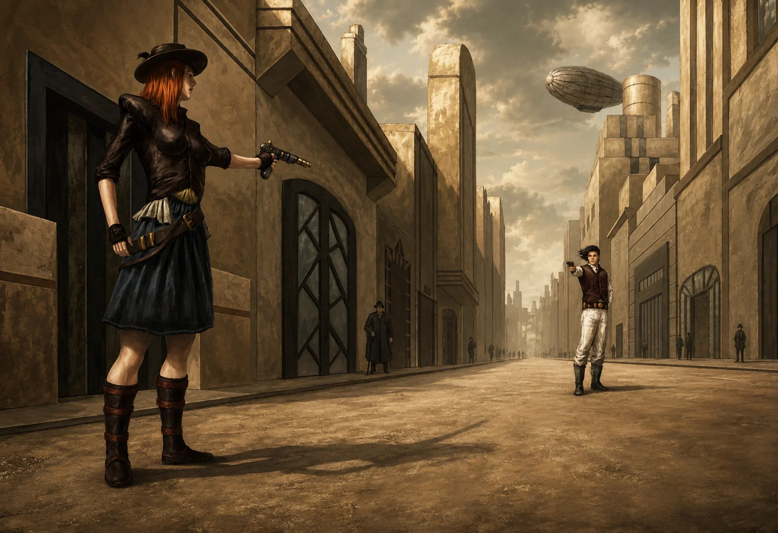 A duel in a Metropolaris street, an airship passing overhead
