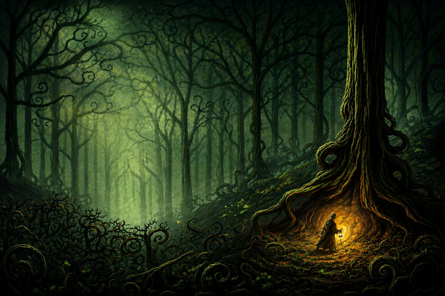 A lantern-bearer entering a hollow beneath the roots of an ancient tree